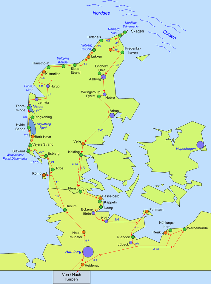 Unsere Route durch Dänemark