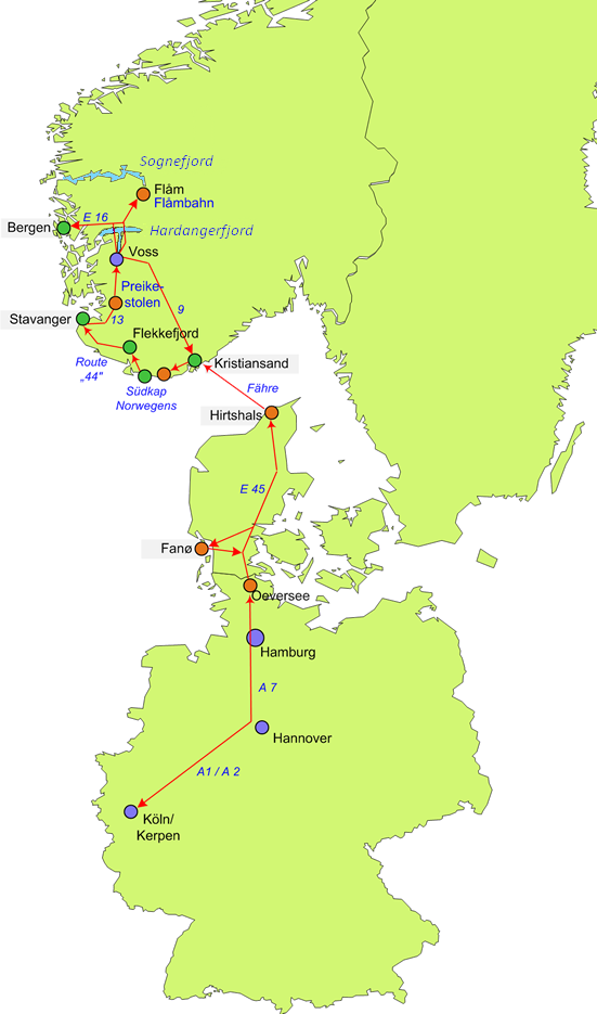 Unsere Route - von Deutschland über Dänemark nach Südnorwegen